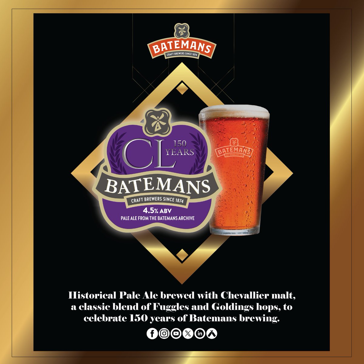 CELEBRATING 150 YEARS OF BATEMANS BREWING. CL is a Historical English Pale Ale, based on a recipe from the Batemans archive brewed using Chevallier malt, English Fuggles and Goldings hops. batemansbrewery.co.uk/our-beers/cl/ #BatemansBrewery #batemans150 #craftbeer #hops #realale