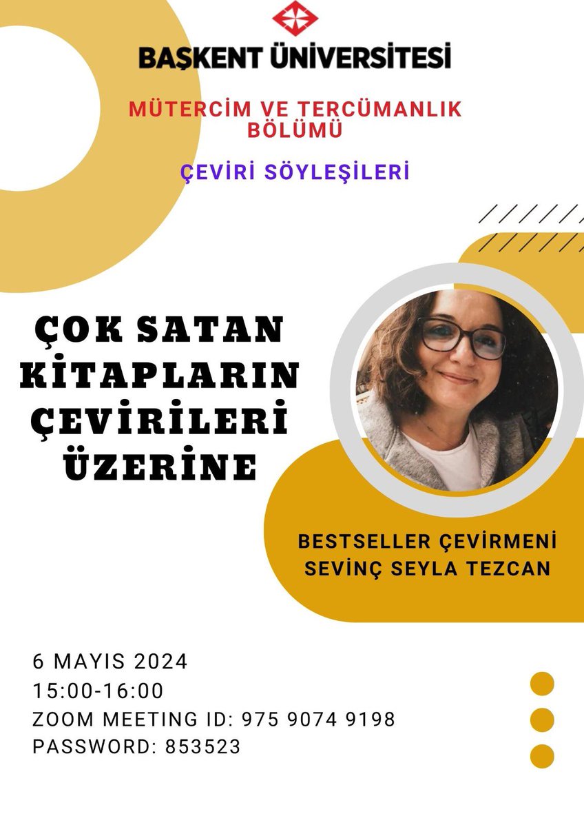 6 Mayıs Pazartesi günü saat 15.00’da “Çok Satan Kitapların Çevirileri” üzerine Bestseller Çevirmeni Sevinç Seyla Tezcan ile Zoom üzerinden gerçekleşecek olan söyleşimize davetlisiniz!
Link: zoom.us/j/97590749198?…