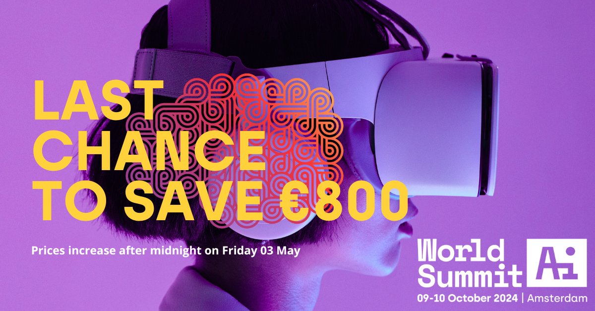 Bye-bye, early bird 👋 Don't miss your chance to save €800 on your #WSAI24 expo and content passes. Be quick. Prices increase THIS FRIDAY. 🎟️ ⇢ hubs.li/Q02vlchx0 #WorldSummitAI #AIBrains #AICommunity