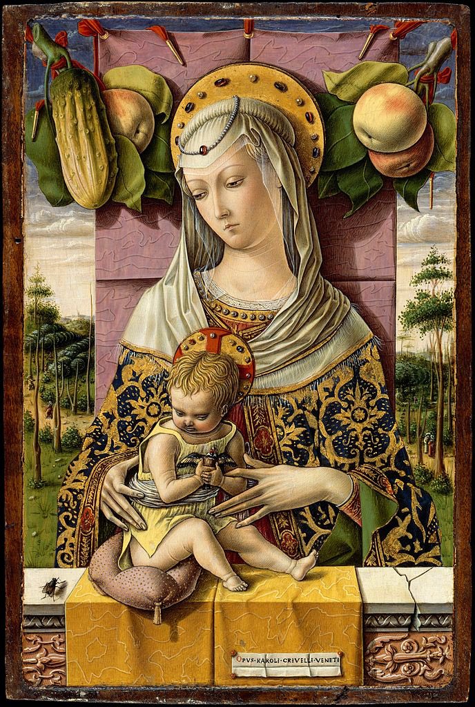 Artist of the day: the marvelous Carlo Crivelli. Who does not love him & his zany use of fruits & veggies, as in this A+ Madonna of 1473? Lots of visual intensity here.