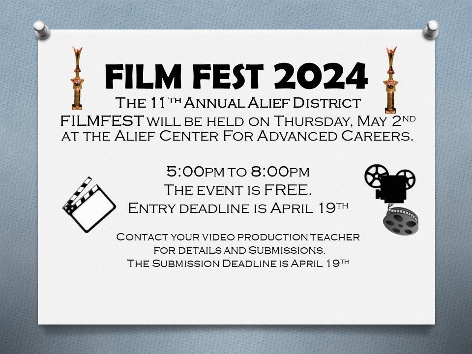 Join us this Thursday from 5:00 pm - 8:00 pm for the 11th annual Film Fest. The event will be hosted by @CTEAmpNews at the Marshall Center for Advanced Careers located at 12160 Richmond Ave. @AliefISD @AliefCTE @ElsikHighSchool @AliefHastingsHS @ATaylorHS @AliefKerr @AliefECHS