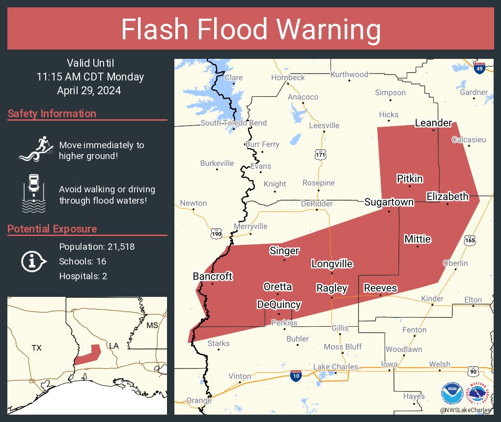 Flash Flood Warning continues for DeQuincy LA, Longville LA and Pitkin LA until 11:15 AM CDT