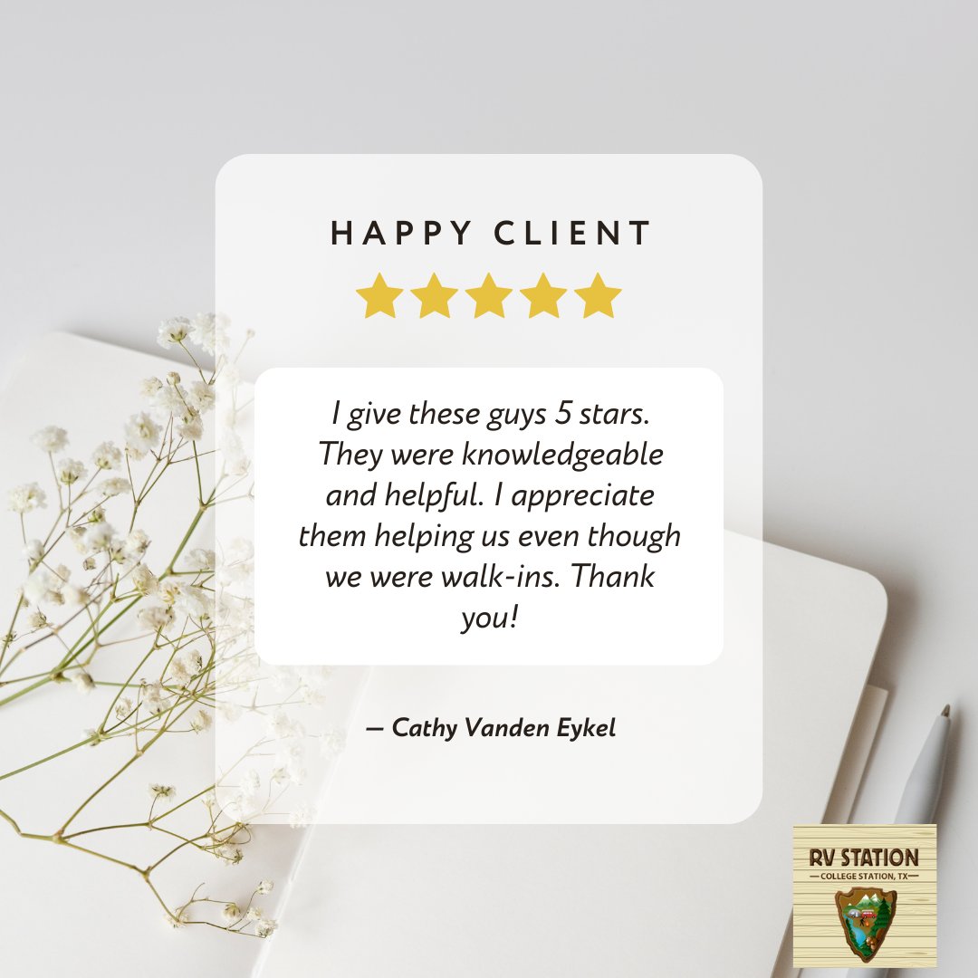 😃 We love hearing from our clients! If we had the pleasure of working with you at our location, please leave a Google Review. 🤍 If you already have, we greatly thank you! 🌟 
#RVStationCollegeStation #ClientReview #FiveStarService