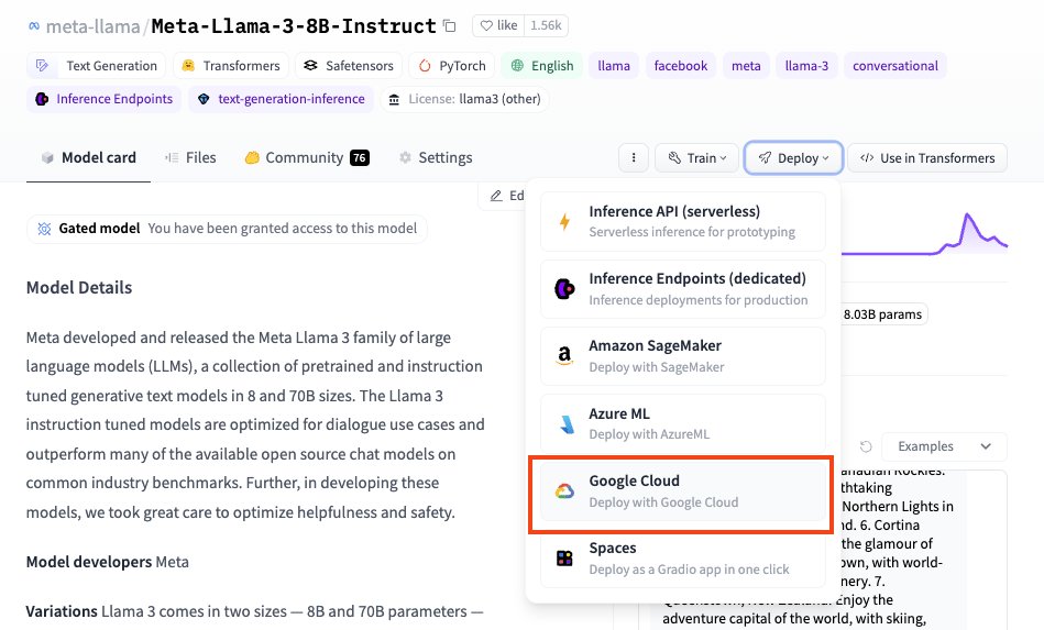 Did you know you can deploy @AIatMeta Llama 3 to @googlecloud with just a few clicks from @huggingface? Here’s how: 📄 Go to the Llama 3 Model Card 🔘 Click 'Deploy' 🌐 Select 'Google Cloud' ☁️ Get linked to Google Cloud Console 🛬 1-click deployment to Vertex AI And guess…