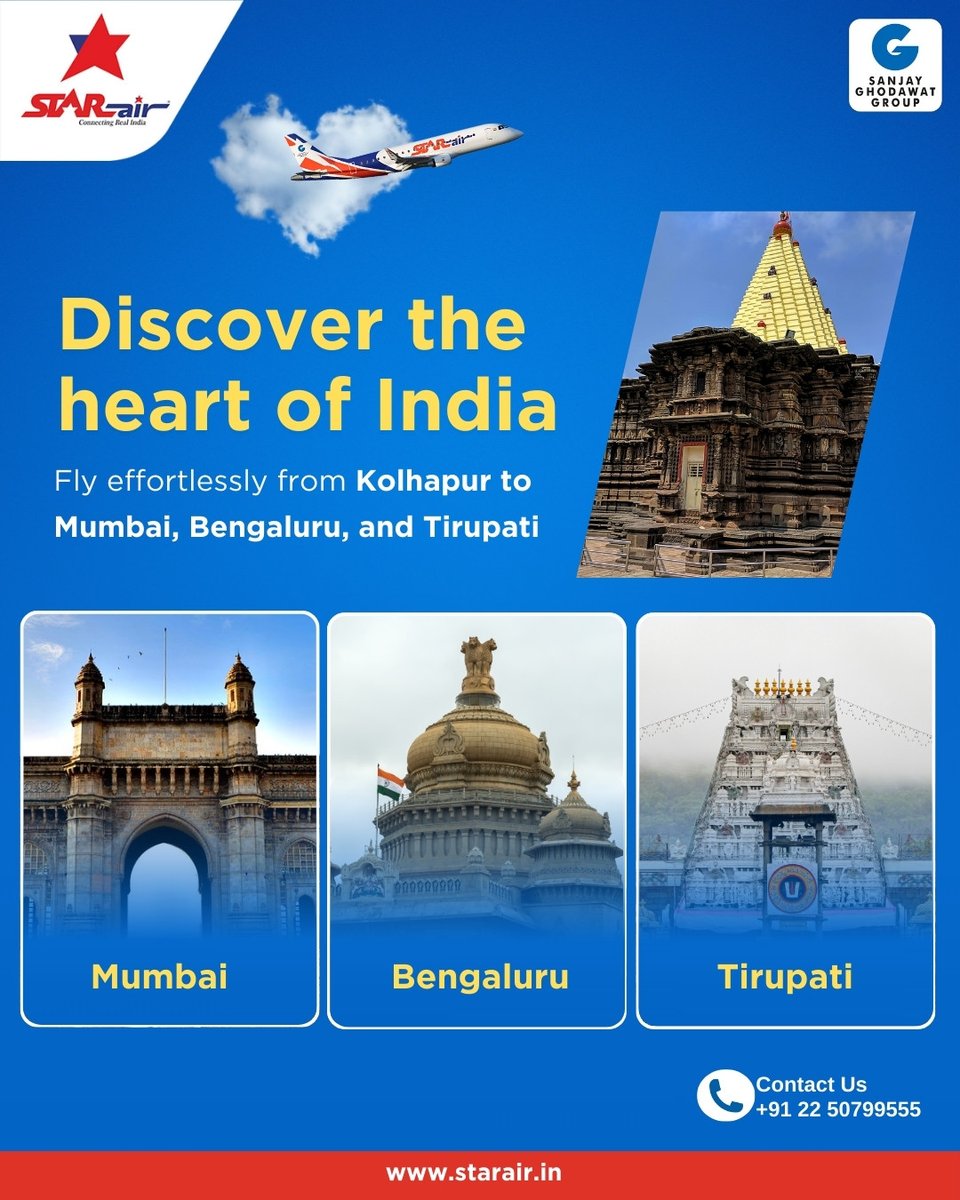 Whether your journey is for a spiritual pilgrimage to Mahalaxmi Temple or for a business endeavor, we offer morning and evening flights from Kolhapur to Mumbai, Bengaluru, and Tirupati. #StarAir #FlywithStarAir #ConnectingRealIndia #EmbraerE175 #E175 #SanjayGhodawatGroup
