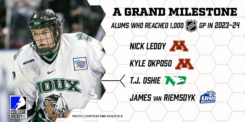 Stick tap to the four NCAA alumni who reached the 1,000 NHL games played mark in 2023-24. 👏