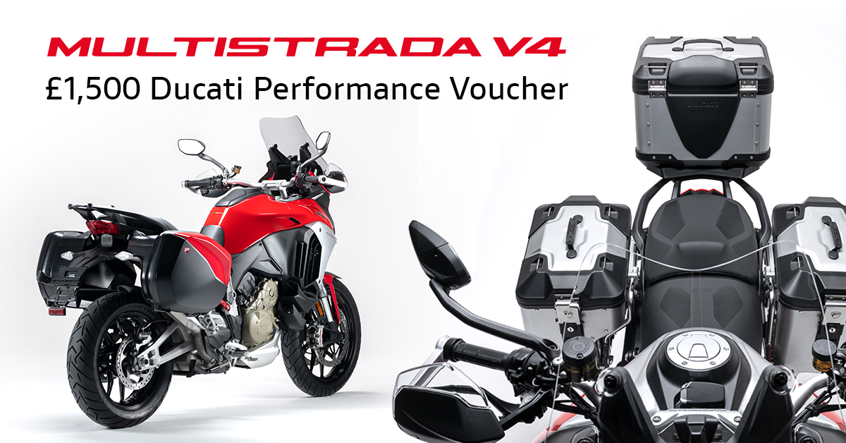 Purchase a new Multistrada V4 and get a Ducati Performance Voucher worth £1,500 which can go towards a variety of luggage options. Discover more: ducati.com/gb/en/current-… #MultistradaV4 #DucatiPerformance