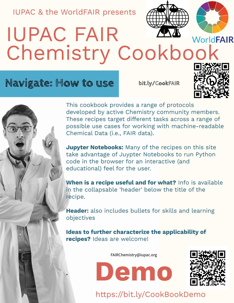 The IUPAC FAIR Chemistry Cookbook is a resource developed to enable the chemical sciences community to move toward making their data, code, metadata, etc. Findable, Accessible, Interoperable, and Reusable! Find more about it here and start cooking 👉 iupac.org/iupac-fair-che…