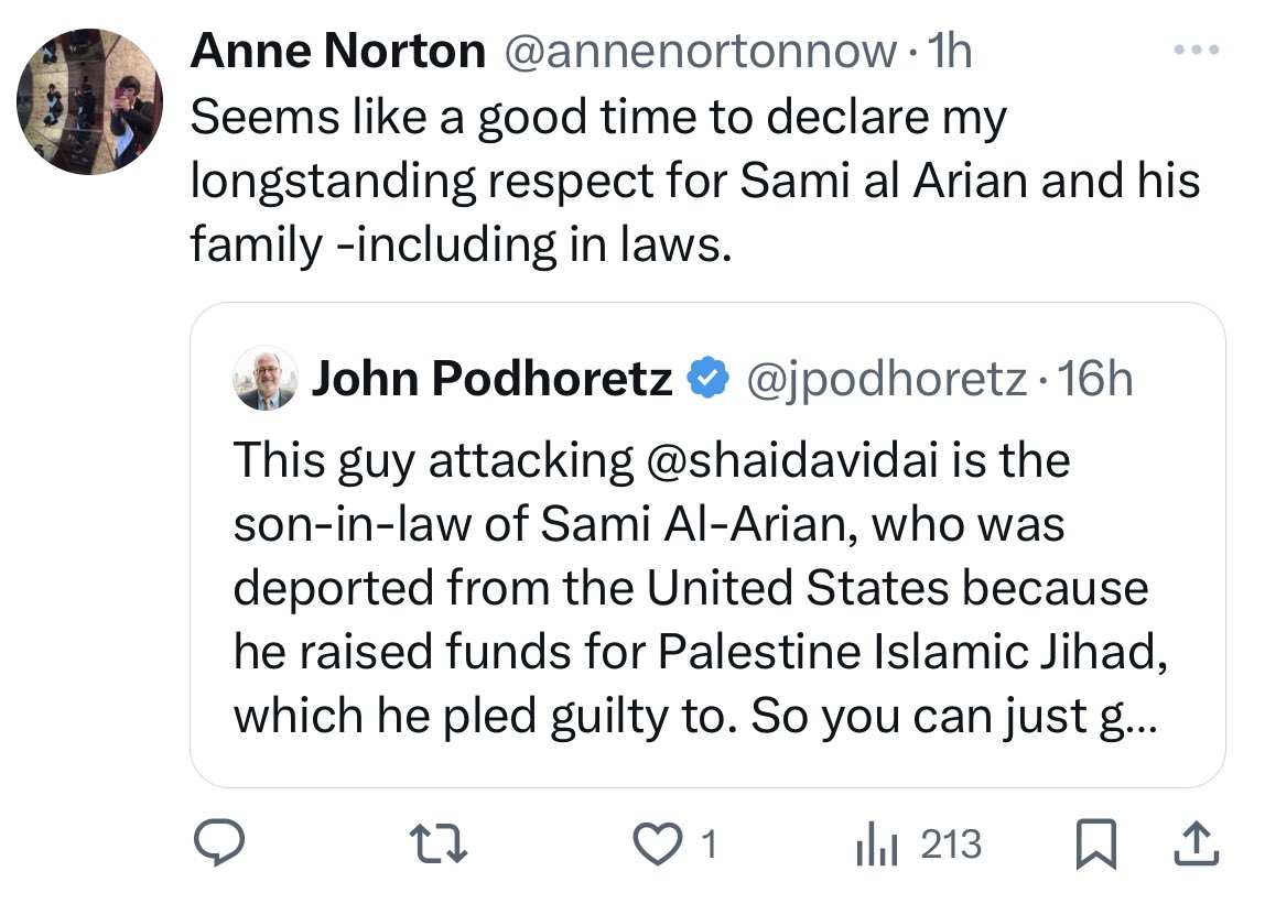 I am a @penn student and a professor, Anne Norton, has just “declared her longstanding respect” for someone who the United States deported for providing material funds to a terrorist organization. @penn protect your students!