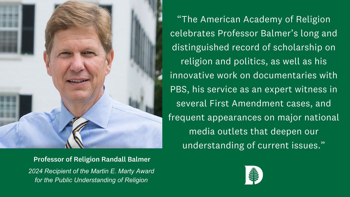 Congrats to @dartmouth professor Randall Balmer, who was awarded the American Academy of Religion's 2024 Martin E. Marty Award for the Public Understanding of Religion! 🎉 @AARWeb ➡️ bit.ly/49S1bIQ
