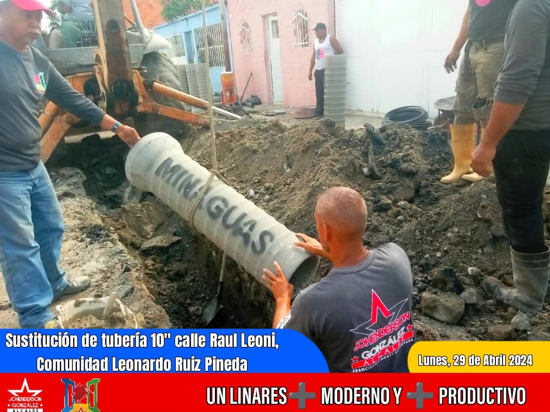 #29Abr | El equipo de Aguas y Redes, continúan con los trabajos de sustitución de tubería en la calle Raúl Leoni de la comunidad Leonardo Ruiz Pineda, no vamos a defraudar al pueblo linarense, seguimos trabajando con mucho compromiso por el #Linares+ModernoY+Productivo.