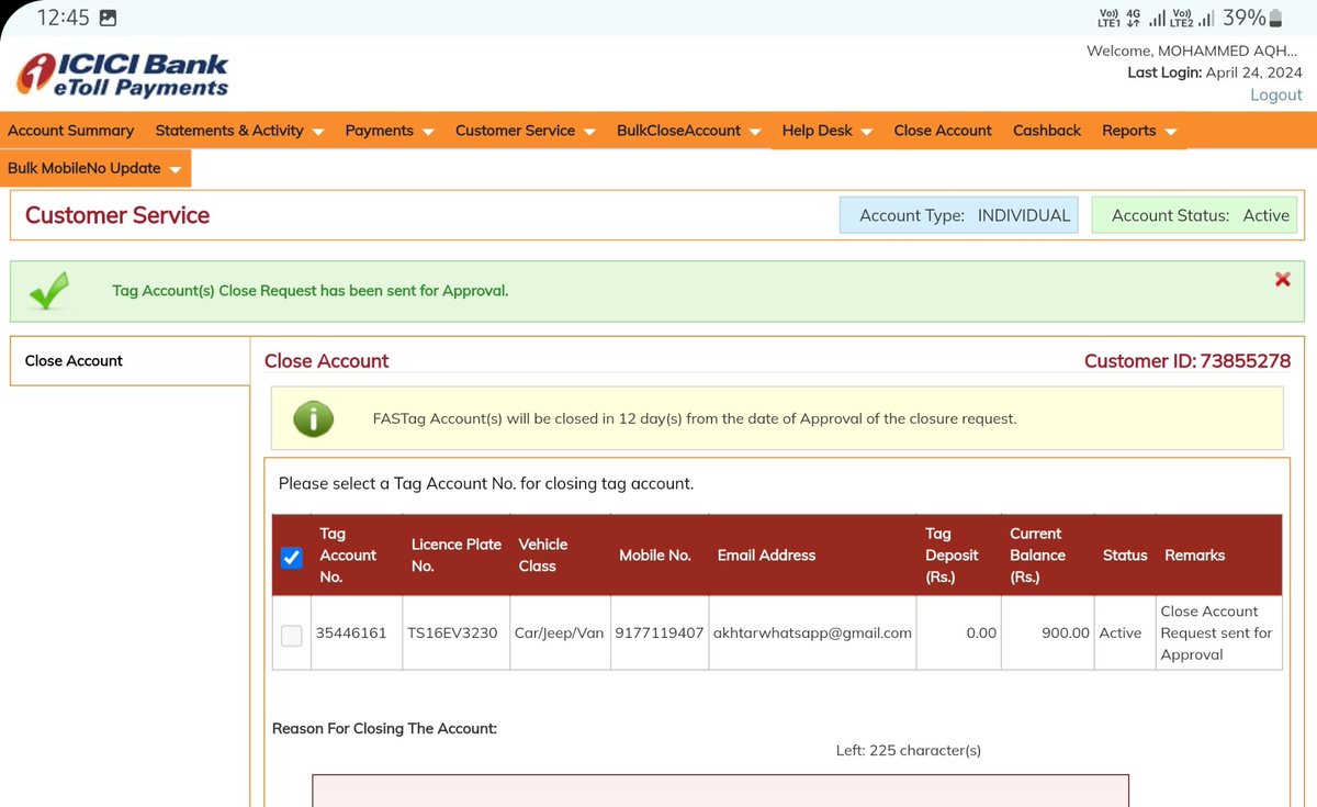 @ICICIBank_Care 
Dear ICICI Bank, 
I'm really frustrated with ur customer service. Trying to cancel the fastag & trying to get the balance refund but unable to do it & don't know why ??. Your toll-free number is a big non sense.