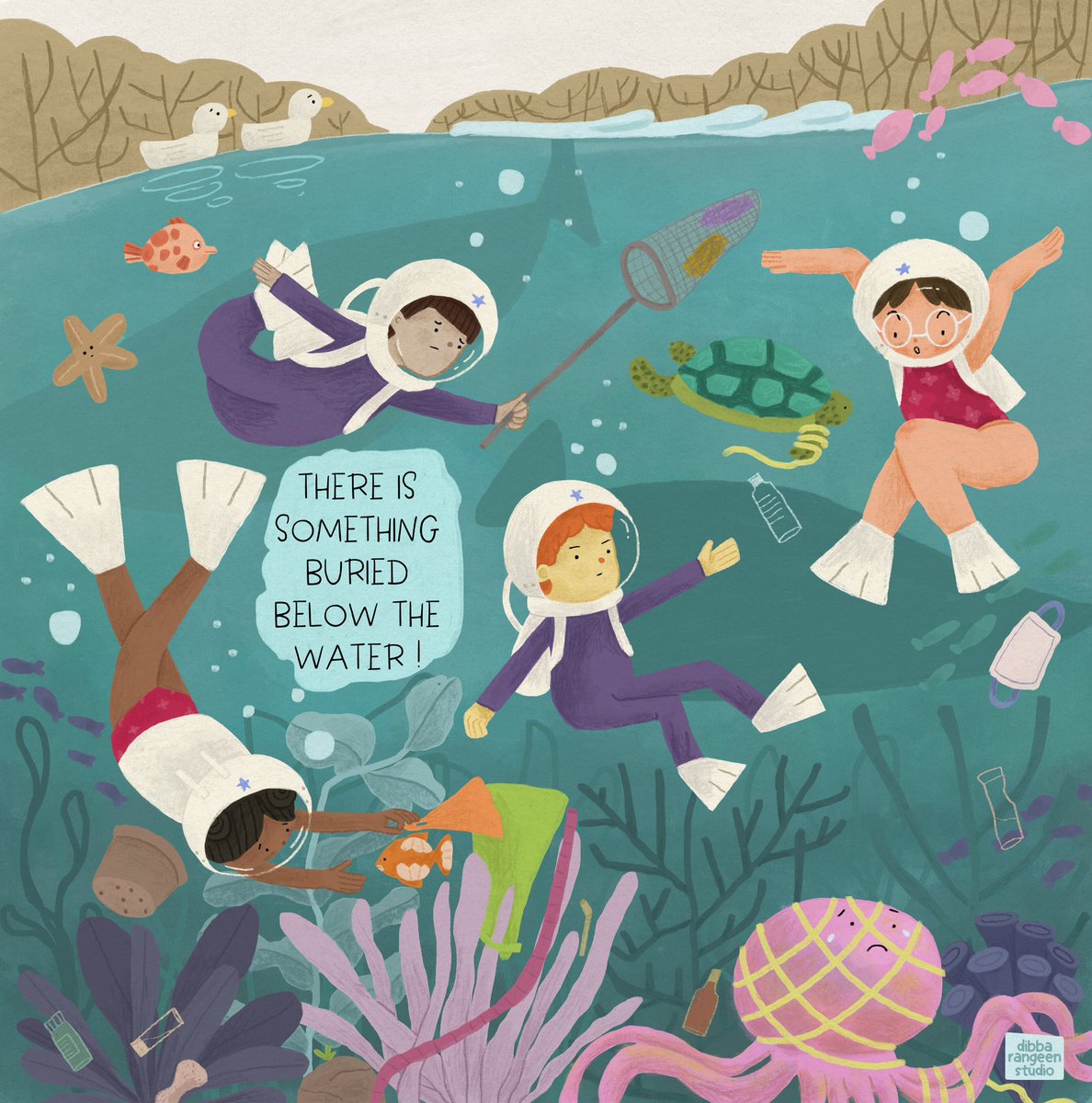 A group of kids from 'Star Rescue' take it upon themselves to clean the ocean near their home and to save the creatures stuck there! 
They are such an inspiration. If kids can, why can't we?

'Below the Water' for @ourplanetweek 
#ourplanetweek #kidlitart #childrensbooks