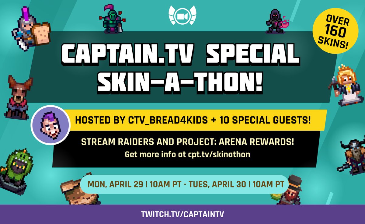 The Captain.tv Skin-A-Thon begins in less than three hours! Check out cpt.tv/skinathon for the guest lineup, rewards list, and all of skins that will be available. Hope to see you there!