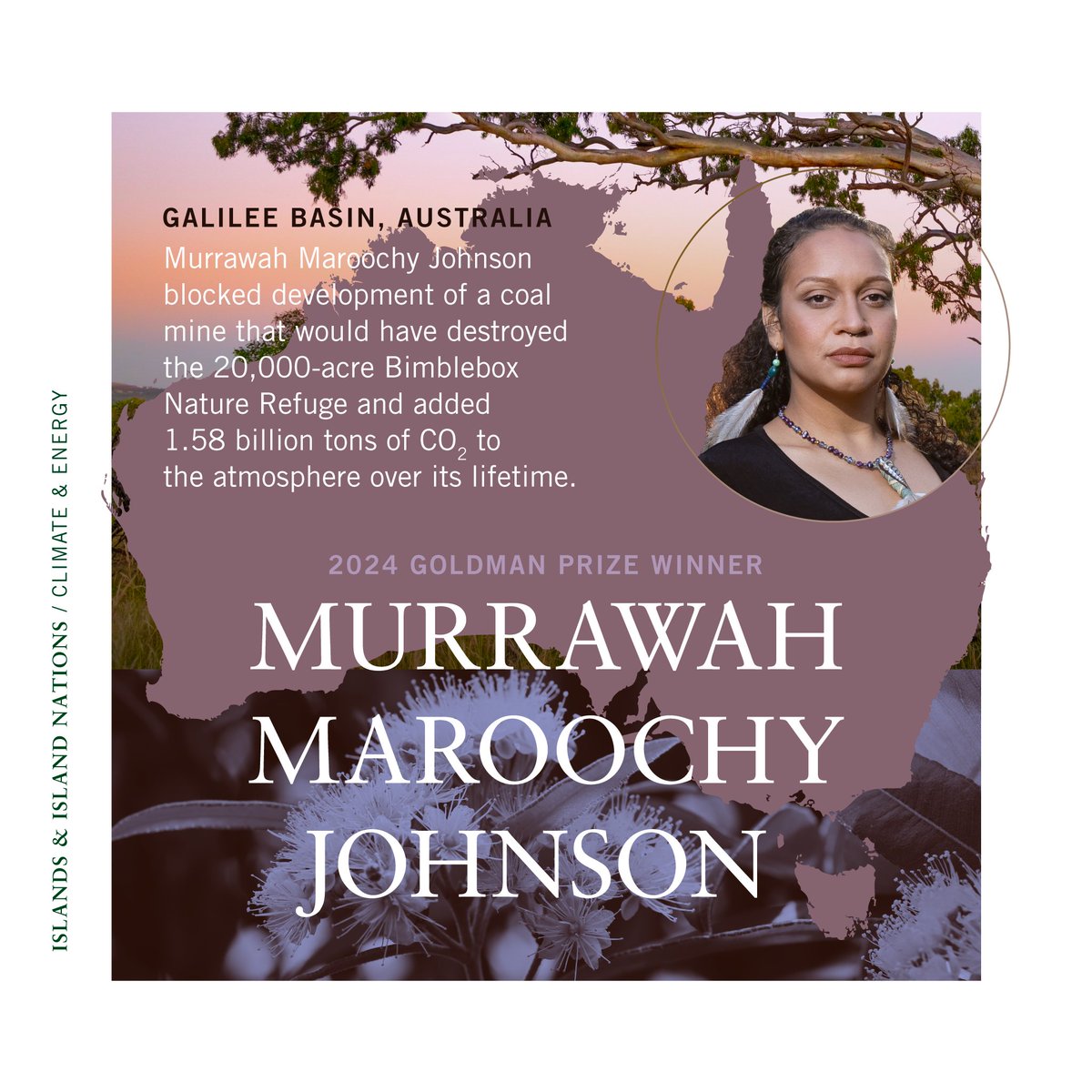 Murrawah Maroochy Johnson blocked development of a coal mine that would have destroyed the 20,000-acre Bimblebox Nature Refuge in Queensland, Australia, and added 1.58 billion tons of CO2 to the atmosphere. #GoldmanPrize 🌎🏆 👉 Learn more: bit.ly/3Whtygk