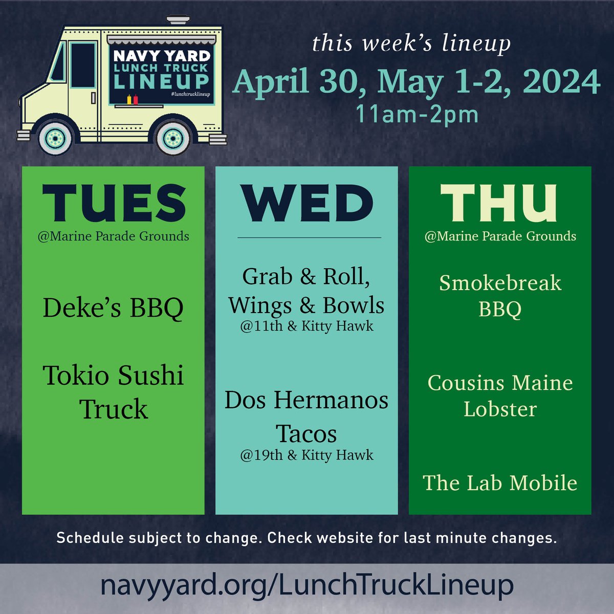 Who's ready for another great #lunchtrucklineup? We got some delicious options this week. Tues - @DekesBBQ and Tokio Sushi Truck Wed - Grab & Roll, Wings & Bowls and @2HermanosTacos Thurs - @Terranc85250227 (Smoke Break BBQ) and @cousinsmainelob #navyyardeats #discovertheyard