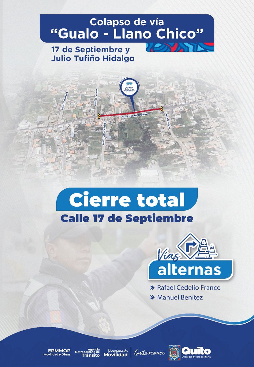 📢 #AMTInforma | ¡Pilas! Debido a un socavón en la vía 17 de Septiembre se ha producido un cierre vial. 🔎 Conoce las rutas alternas. 🚙 ¡Planifica tu salida con anticipación y llega a tu destino sin contratiempos! 🚘 Al conducir con precaución #QuitoRenace