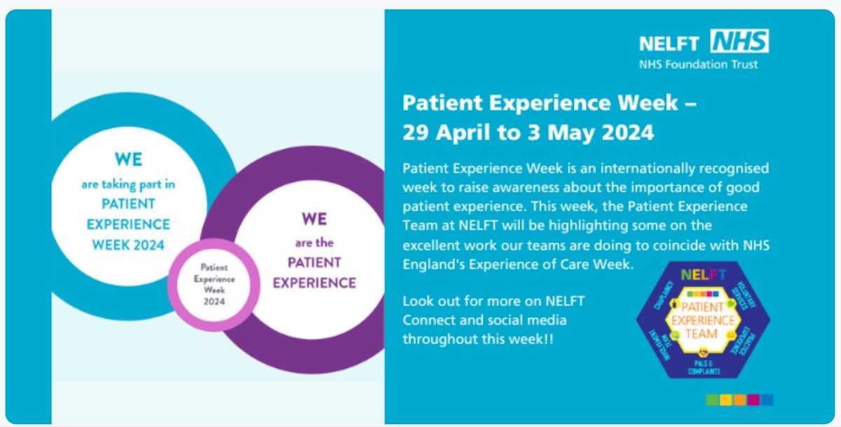 Patient Experience Week - 29 April to 3 May - is an internationally recognised week to raise awareness about the importance of good patient experience. This week, the Patient Experience Team at NELFT will be highlighting some of the excellent work our teams are doing.