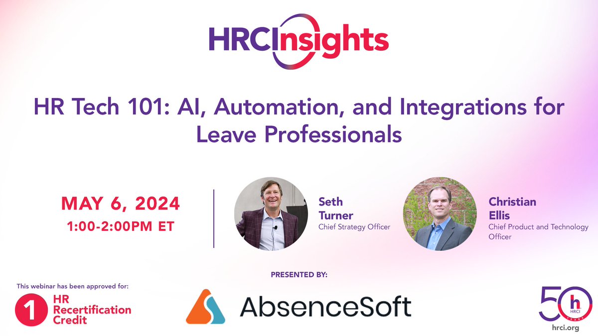 Curious about the growing landscape of #HRTech, including #AI and #automation? Join us for a webinar with Seth Turner and Christian Ellis from AbsenceSoft to explore the current challenges and opportunities around AI and #HR tech. 

ow.ly/mx6L50RqNjT

#HRCInsights