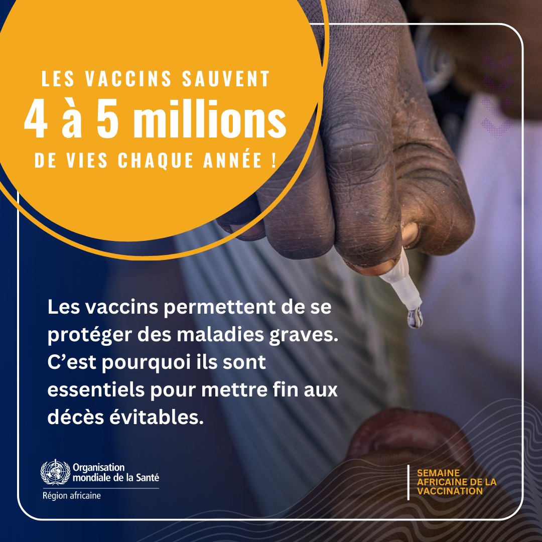 Les #vaccins 💉 sauvent 4 à 5 millions de vies par an ! Les vaccins permettent de se protéger des maladies graves. C’est pourquoi ils sont essentiels pour mettre fin aux décès évitables par la vaccination. Faisons passer le message : #LesVaccinsSauventDesVies !