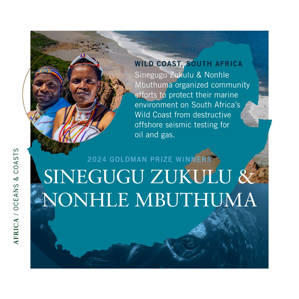 Nonhle Mbuthuma & @SineguguZukulu organized community efforts to protect the marine environment on South Africa’s Wild Coast from destructive offshore seismic testing for oil and gas. #GoldmanPrize 🌎🏆 👉 Learn more: bit.ly/44hwc7T