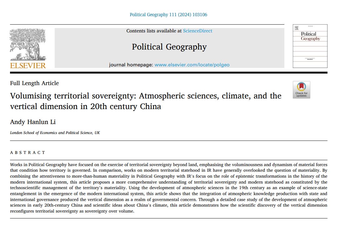 NEW - Atmospheric sciences, climate, and the vertical dimension in 20th century China, by @andyhanlunli sciencedirect.com/science/articl…