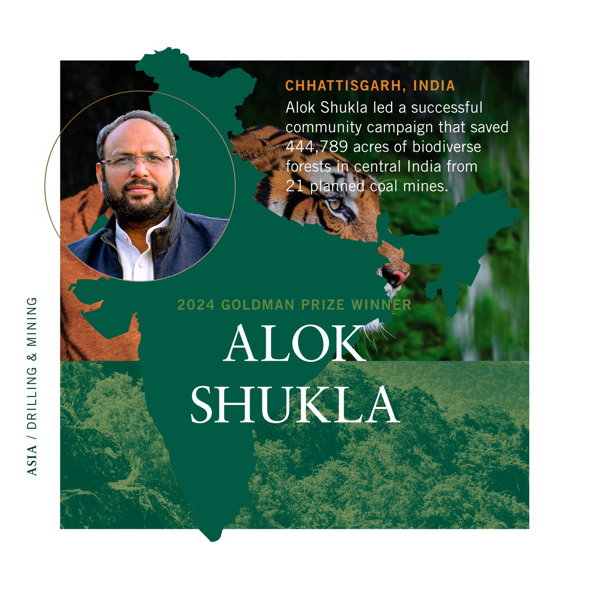 Alok Shukla (@alokshuklacg) and his coalition led a successful community campaign that saved 444,789 acres of biodiverse forests in central India from 21 planned coal mines. #GoldmanPrize 🌎🏆 👉 Learn more: bit.ly/4aUXMKq