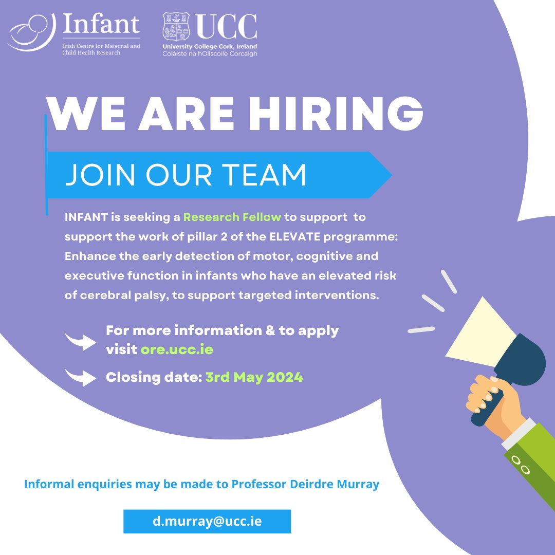 *WE ARE HIRING-Research Fellow* To support the work of pillar 2 of the ELEVATE programme – Enhance the early detection of motor, cognitive and executive function in infants who have an elevated risk of cerebral palsy, to support targeted interventions. 🔗my.corehr.com/pls/uccrecruit…