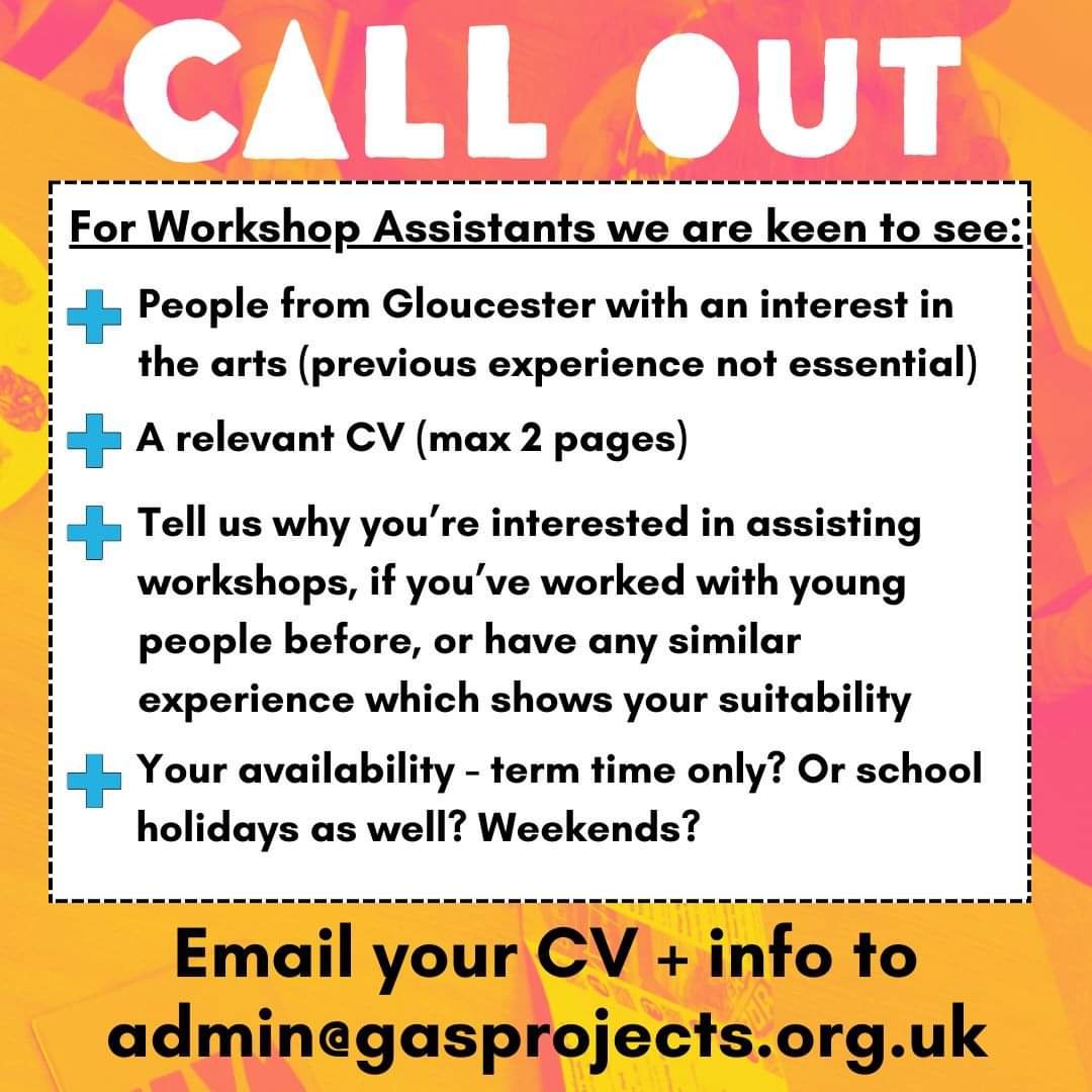 GRC MEMBERS // GAS Projects are looking for a ‘bank’ of Workshop Leaders & Assistants in Gloucester who they can contract to help facilitate. They're keen to hear from experienced workshop leaders, but also local creatives keen to assist. More info at: bit.ly/4dfYqE5