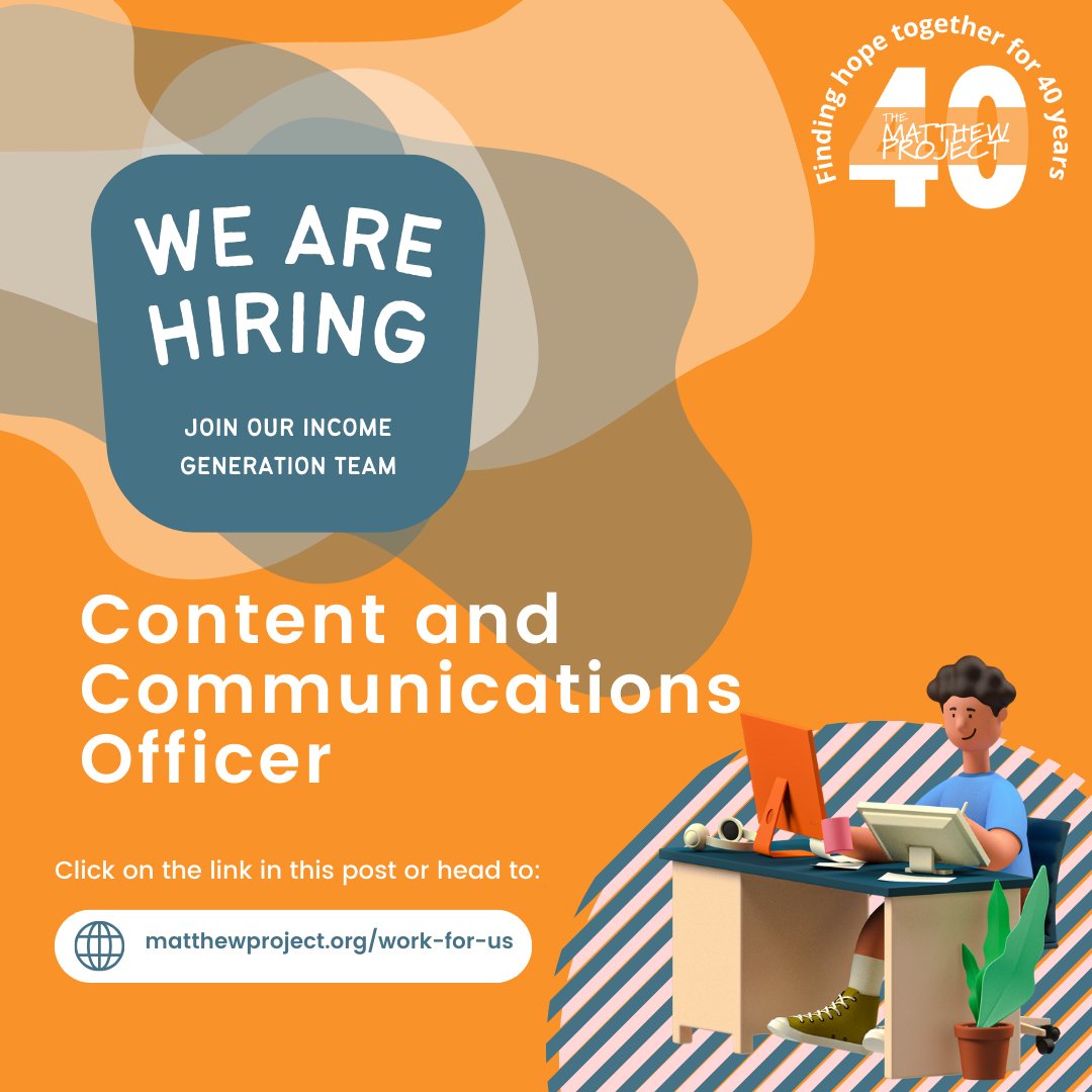 Come and join our income generation team as a CONTENT & COMMUNICATIONS OFFICER! *Are you passionate about marketing and using this skillset for a good cause? *Can you help us share our story in creative and engaging ways? Find out more or apply here > matthewproject.org/work-for-us