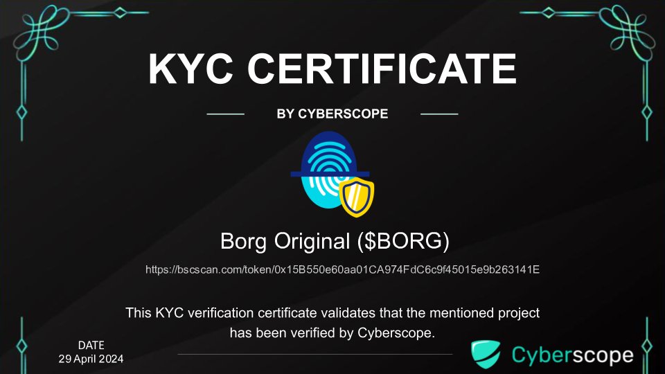 We just finished the KYC for @BORG_ORGINAL Check the certification. coinscope.co/coin/borg/kyc Want to get KYC for your project? cyberscope.io #Crypto #Blockchain #Kyc