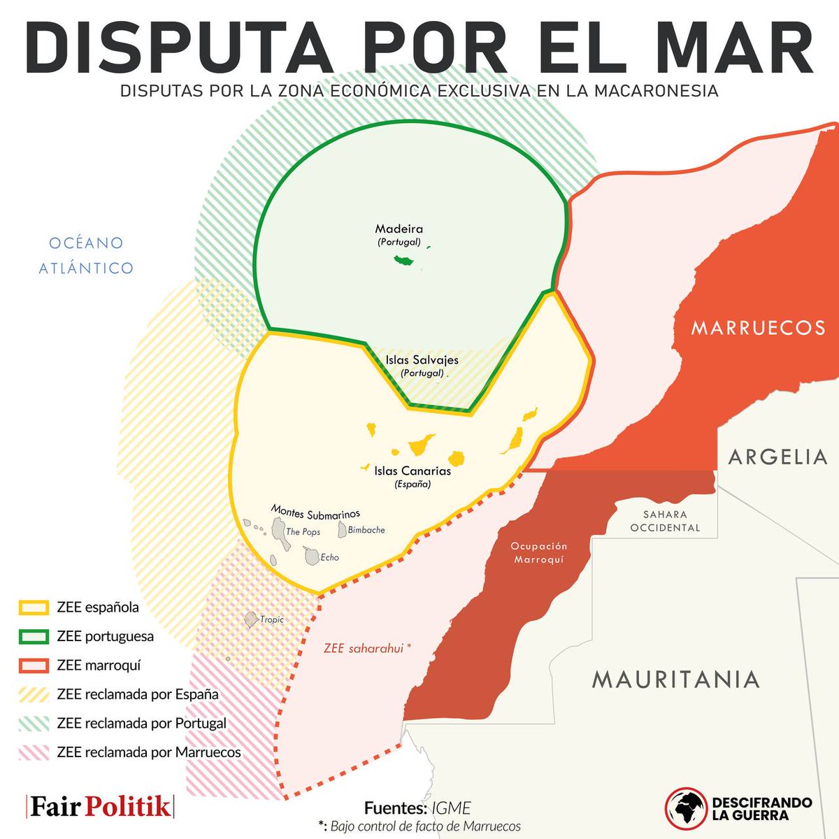 Las reclamaciones marítimas de España, Marruecos, Sáhara y Portugal en Macaronesia, una región que cuenta con múltiples recursos naturales pesqueros, mineros y energéticos.