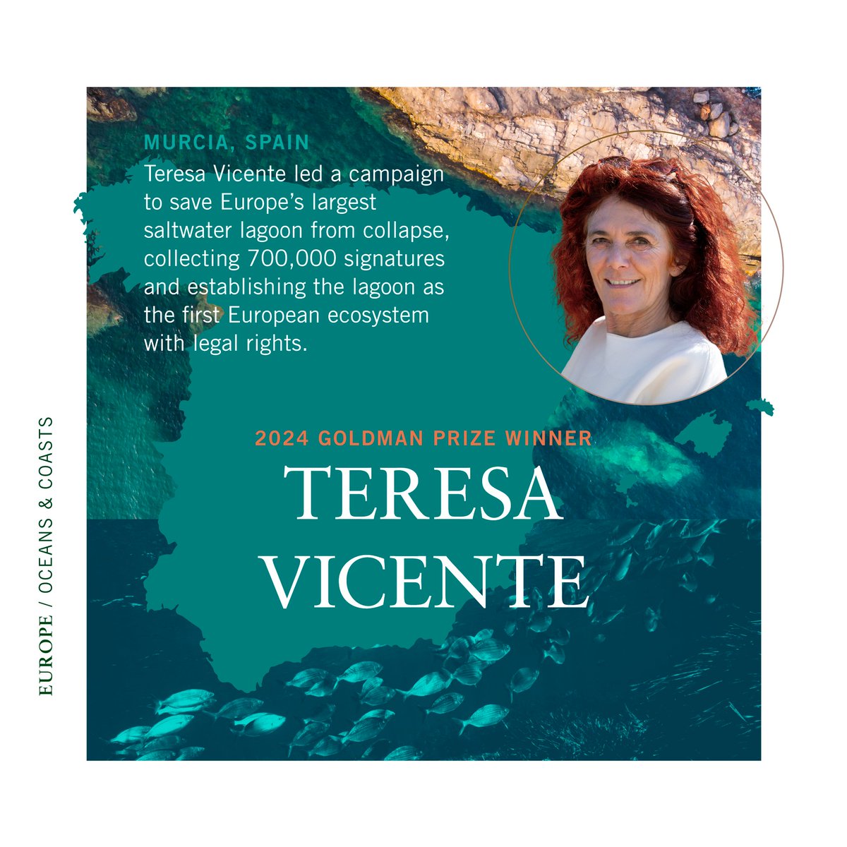 Teresa Vicente led a campaign in Spain to save Europe’s largest saltwater lagoon from collapse, collecting 700,000 signatures and establishing the lagoon as the first European ecosystem with individual legal rights. #GoldmanPrize 🌎🏆

👉 Learn more: bit.ly/4aUXXW6