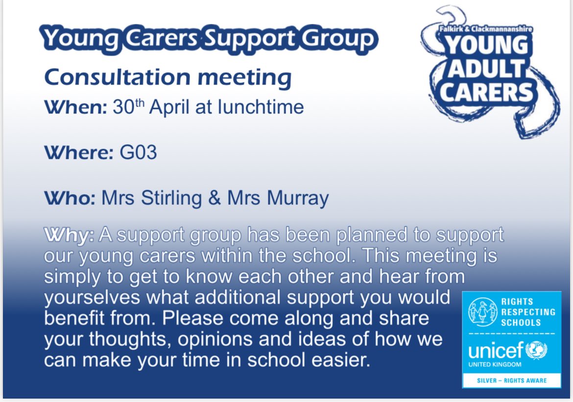 Young Carers in our school community are welcomed & invited to attend this new support group ⬇️  Sharing experiences with each other with those who understand is an important part of supporting our pupils 😃 @GrangemouthHS #youngcarers #youarenotalone #GHScommunity