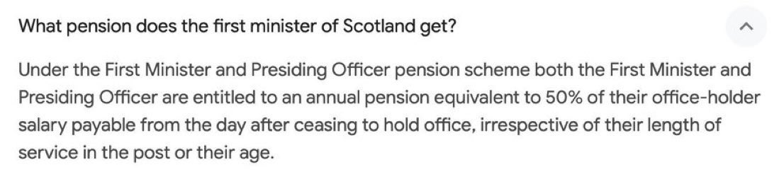 Humza Yousaf will receive 50% of his First Minister Office Holder salary (£104,584) as a pension for the rest of his life (payable from the day after ceasing to hold office) = £52,292 a year…paid by taxpayers. Who says incompetence doesn’t pay?