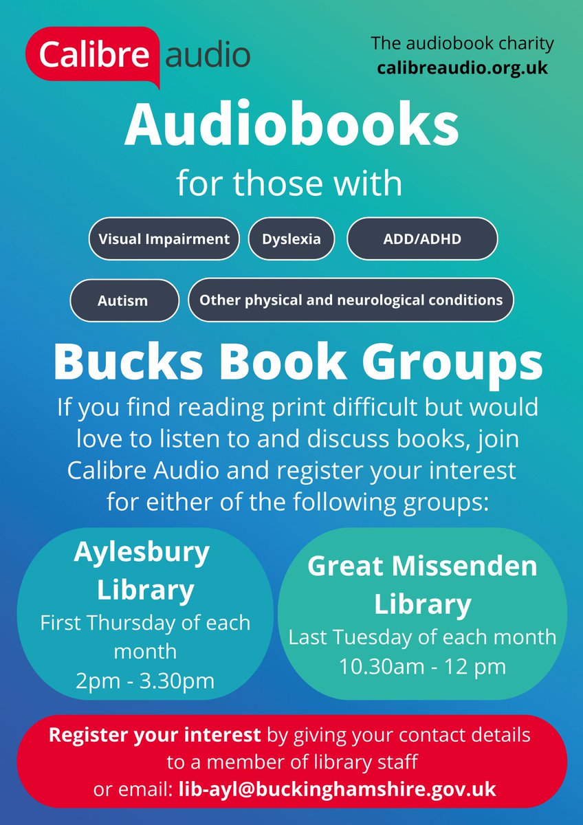 Do you want to join a reading group, but have difficulty reading printed books? Be part of the @CalibreAudio groups and listen to and discuss stories at #Aylesbury and #GreatMissenden libraries. For more information, email: lib-ayl@buckinghamshire.gov.uk #Buckinghamshire #Bucks