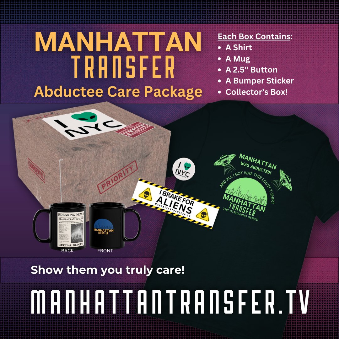 Essential items if you're abducted by aliens! Our Manhattan Transfer BackerKit campaign features a ton of cool rewards for pledging.  One of them is this awesome add-on Abductee Care Package! Create an account and get yours before the aliens come! backerkit.com/c/projects/sky…