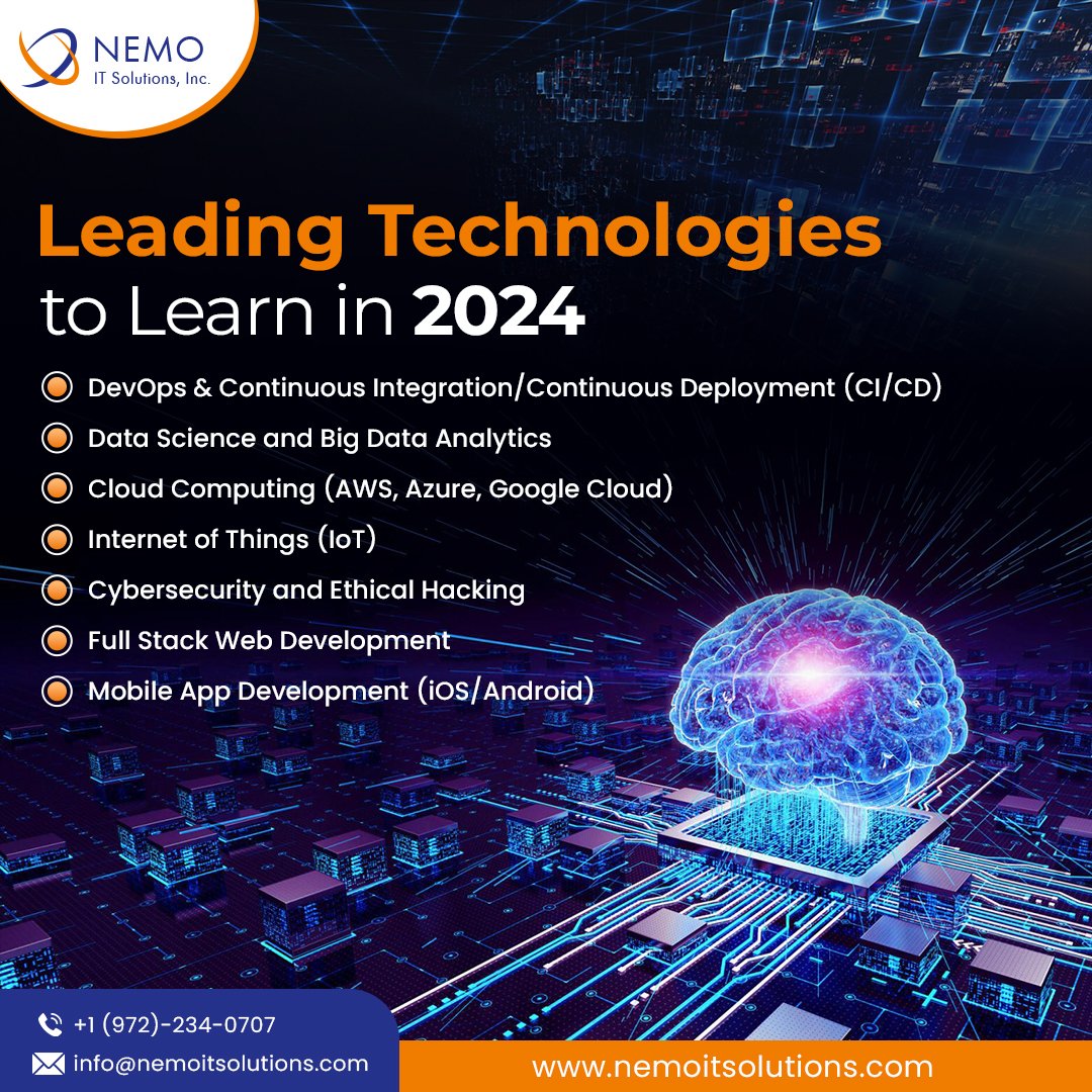 Leading Technologies to Learn in 2024 | @nemoitsolutions . . . #devops #cloudcomputing #cloudservices #aws #azure #googlecloud #azuretechnology #artificialintelligence #machinelearning #ai #ml #aitool #aisoftware #bigdata #internetofthings #iot #digitaltransformation