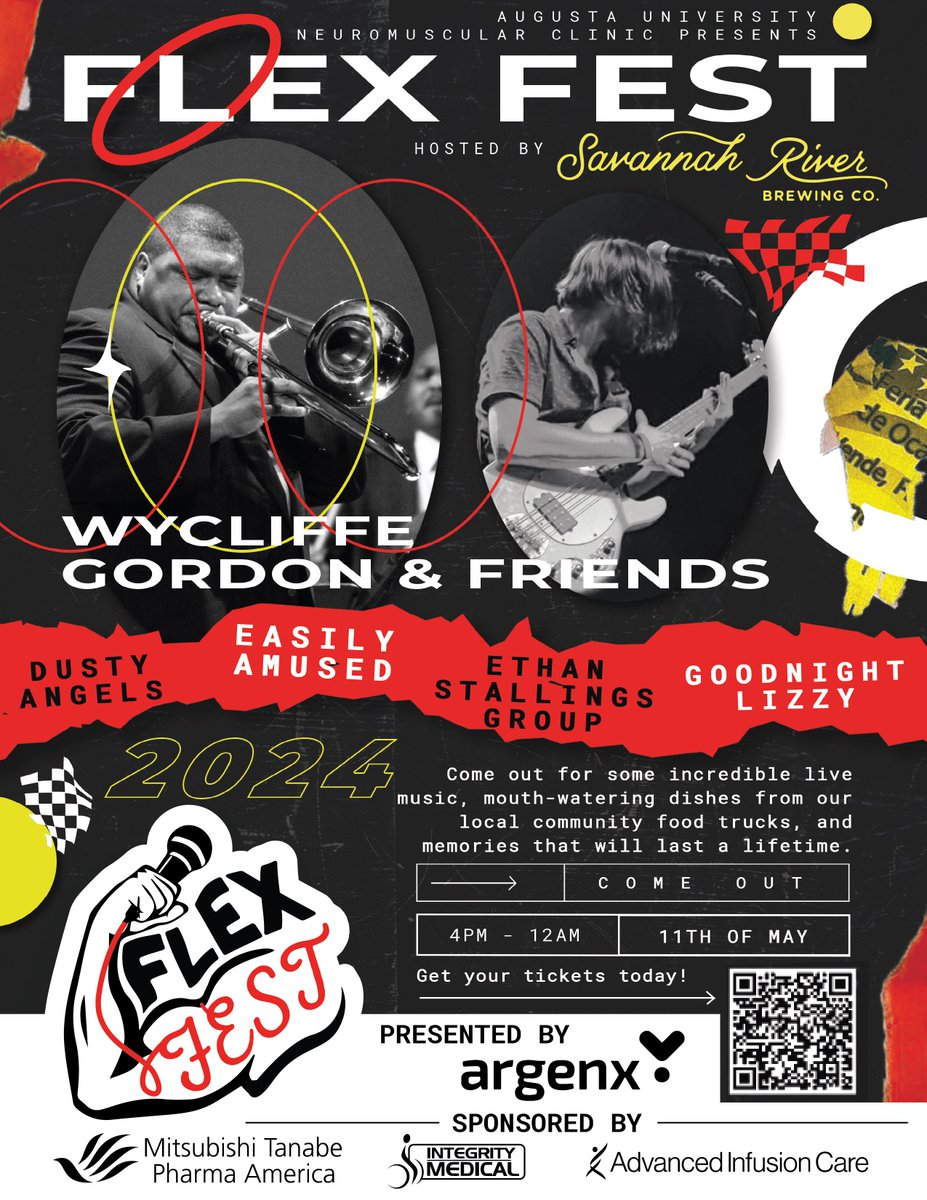 Neuromuscular Flex Fest will be held May 11 featuring live music from Wycliffe Gordon and Friends, Easily Amused, The Ethan Stallings Group, and Goodnight Lizzy. Tickets can be purchased at augusta.edu/giving/flexfest Proceeds support the ALS Clinic at Wellstar MCG Health.