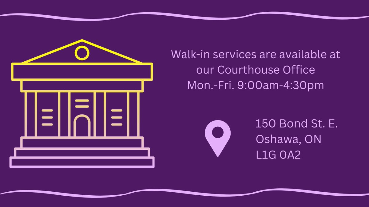 Walk-in services are available at our Oshawa Courthouse office! 📍 150 Bond Street East - Oshawa, ON L1G 0A2 📅 Monday-Friday 9:00am-4:30pm #FamilyLaw #FamilyCourt #IPV