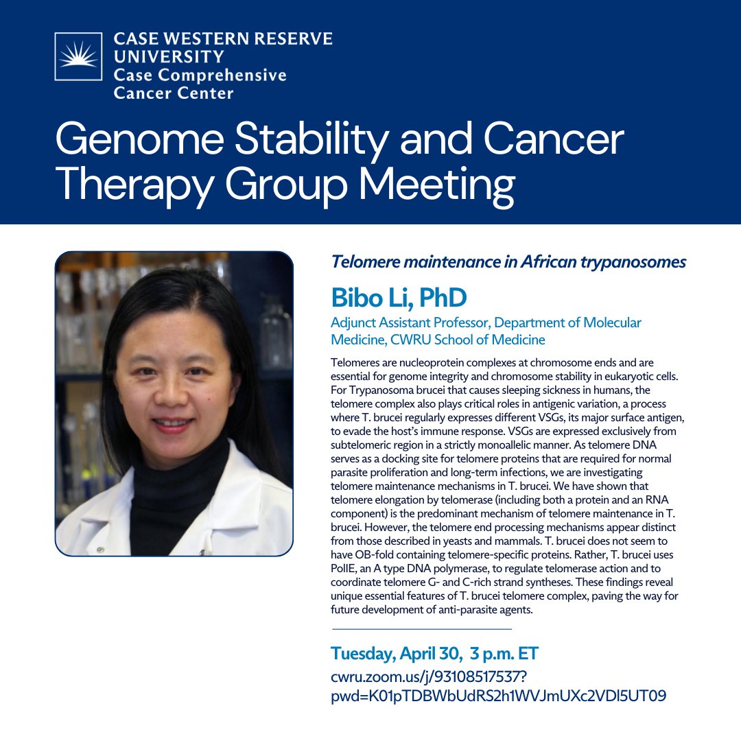 Attend tomorrow's Genome Stability and Cancer Therapy Group Meeting!