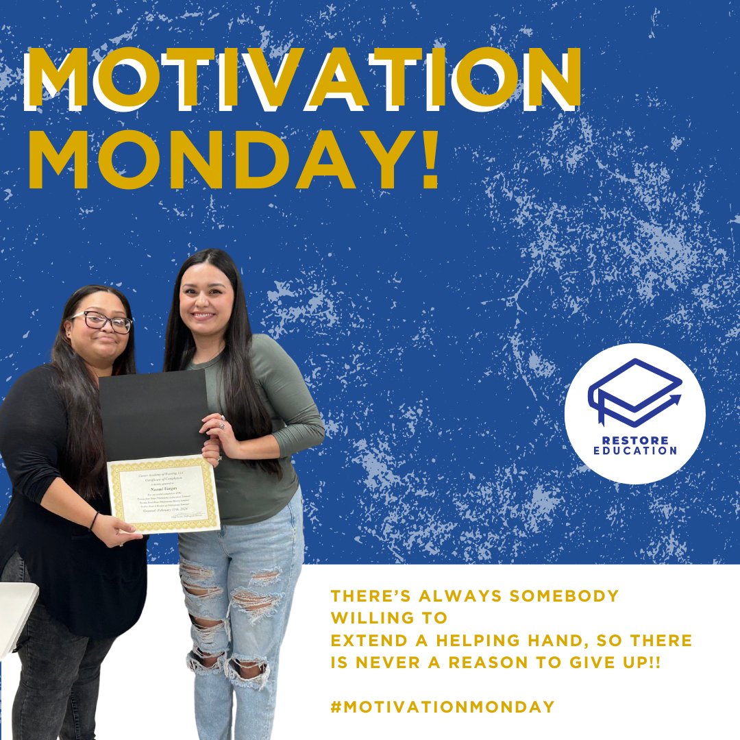 💪 Need a little Monday motivation? Remember, there's always somebody willing to extend a helping hand, so there is never a reason to give up! At Restore Education, we're here to support you every step of the way on your educational journey. #RestoreEducation 🌟📚