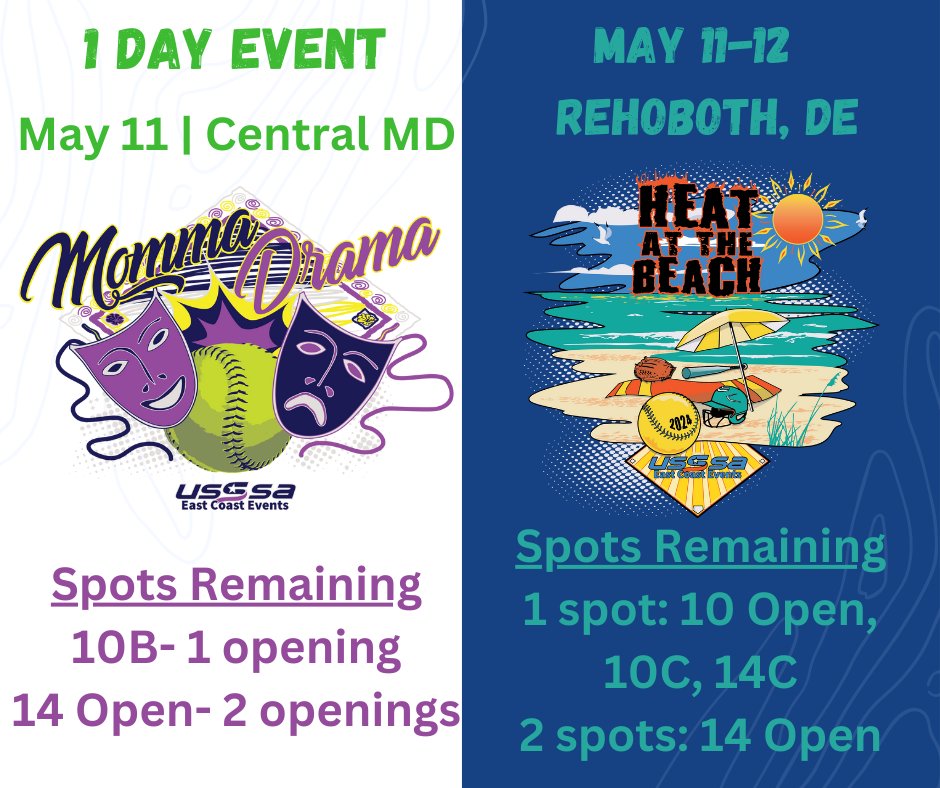 Last call for May 11-12 weekend.
ece.usssa.com

#usssaeastcoastevents #usssafastpitch #fastpitchsoftball