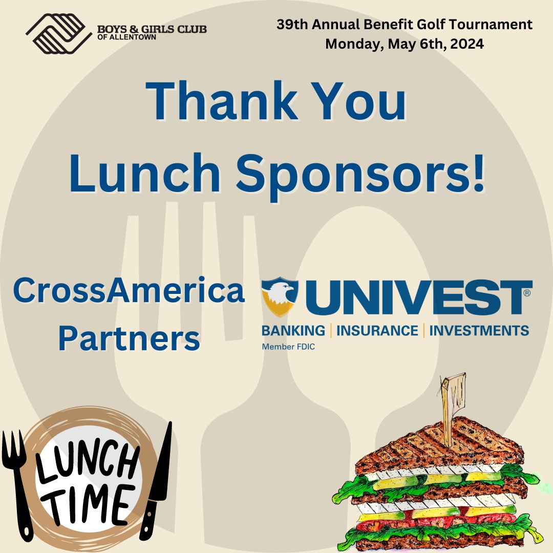 Thank you to both CrossAmerica Partners and @UnivestCorp for sponsoring lunch at our #BGCAllentown Golf Tournament! Lunches will be available at registration, and golfers are welcome to eat their lunch at the pavilion before they tee off or take it with them on the course.