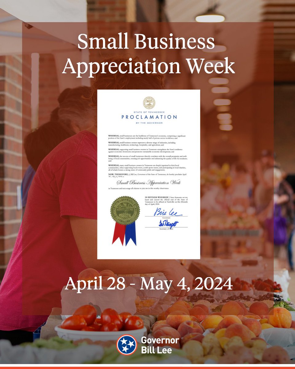 During Small Business Appreciation Week, we celebrate TN small businesses & their contributions to our state’s booming economy, job creation & prosperity for Tennesseans.