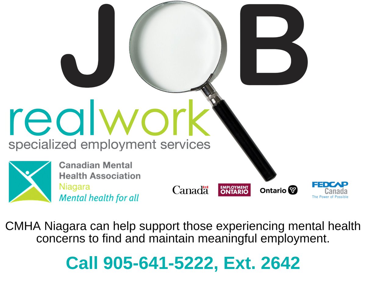 CMHA Niagara can assist with job search support, interview skills, resume preparation, goal planning, workplace coping strategies, counselling and individualized support. Call for more details about our Real Work Specialized Employment Services. 905-641-5222 Ext. 2642.