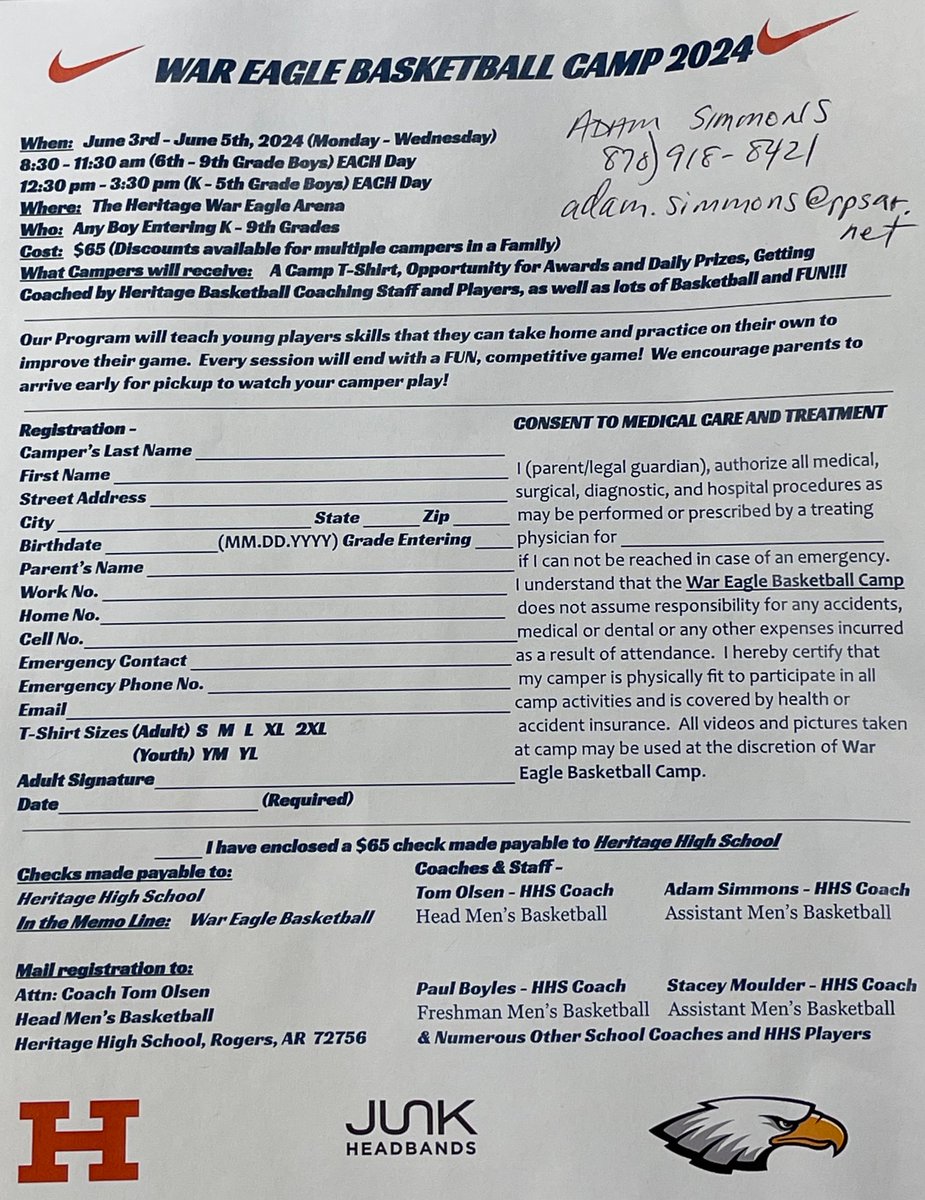 W.E. can’t wait to see you (Boys Entering Grades K-9) at War Eagle Basketball Camp on June 3-5. Let’s have some Fun🤩! Info is in the pic. Let us know what questions you may have. Let’s pack the arena! <a href="/RogersHeritage/">Rogers Heritage High School</a> <a href="/WarEagleBooster/">HHS Athletic Booster Club</a> <a href="/war_heritage/">Heritage Athletics</a> <a href="/ChipWellgreen/">Chip Greenwell</a> <a href="/curriculumblog/">Dr. Steven Weber</a>