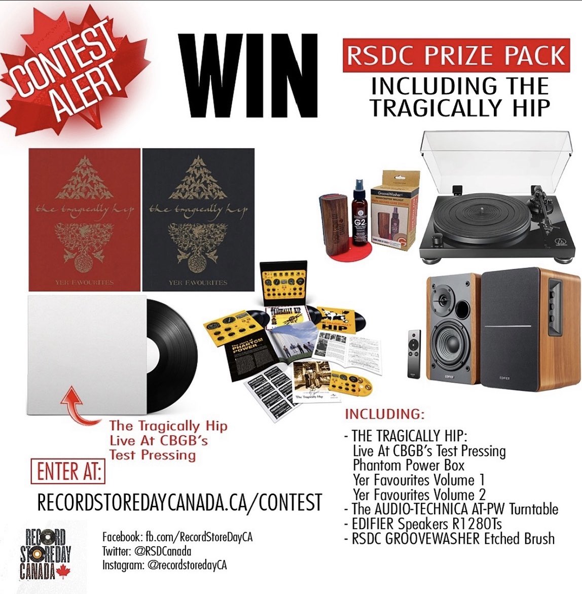 Last day to enter the huge contest featuring our friends and RSDC Ambassadors @thehipofficial! One lucky Canadian winner will take home: @AudioTechniCAN, AT-LPW50PB Turntable @Edifier_Global Speakers R1280Ts RSDC etched brush @groovywasher And #vinyl! From #TheTragicallyHip