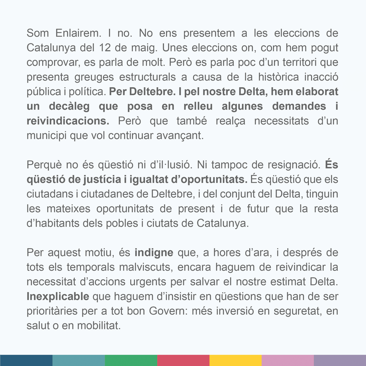 Enlairem's tweet photo. 👀 Aquests dies es parla molt, però es parla poc del Delta i de la seva gent. Per això, des d'Enlairem, hem confeccionat un decàleg de compromisos que sol·licitem als partits polítics que es presenten a les eleccions catalanes: https://t.co/93xNchXeZ3 https://t.co/k5prh526IG