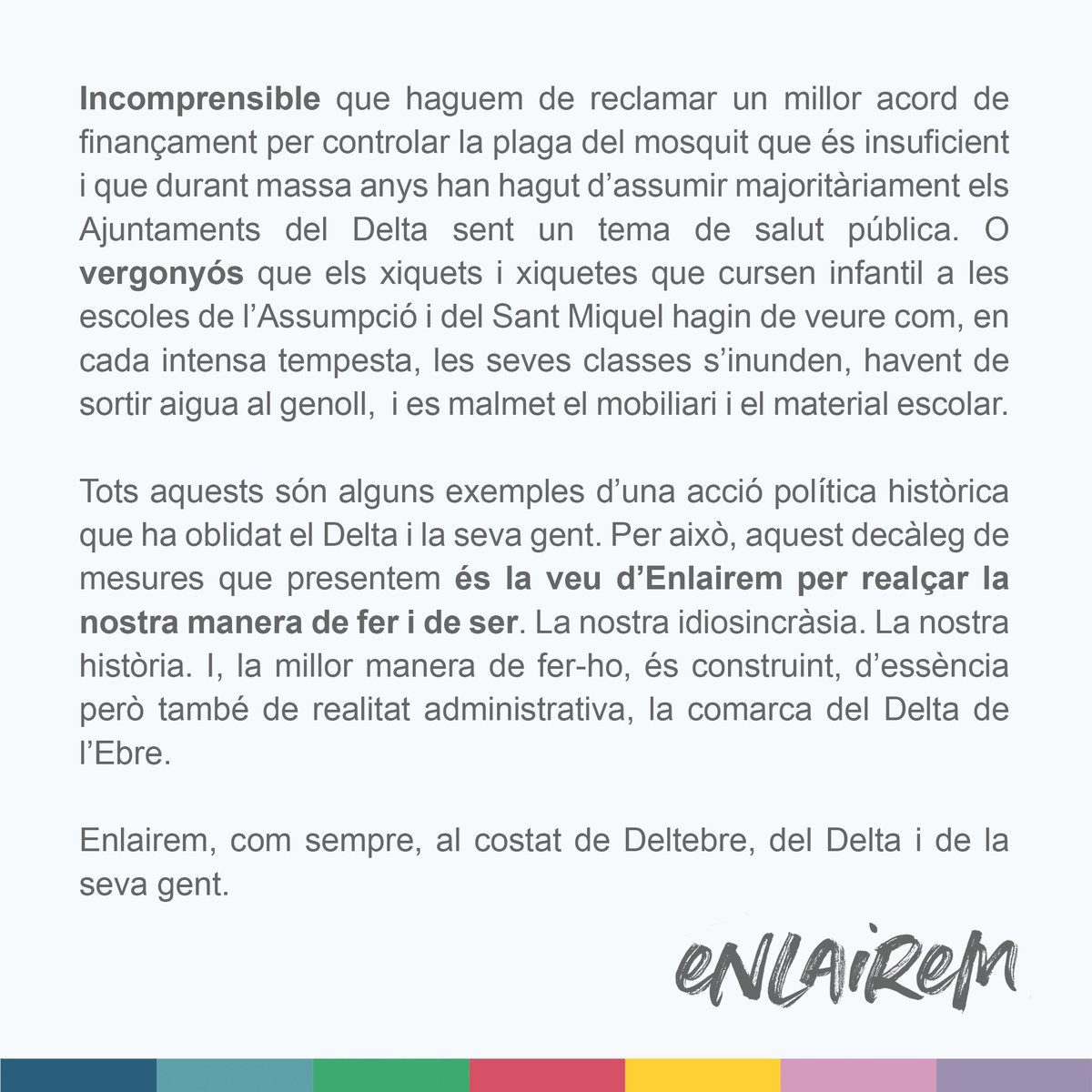Enlairem's tweet photo. 👀 Aquests dies es parla molt, però es parla poc del Delta i de la seva gent. Per això, des d'Enlairem, hem confeccionat un decàleg de compromisos que sol·licitem als partits polítics que es presenten a les eleccions catalanes: https://t.co/93xNchXeZ3 https://t.co/k5prh526IG